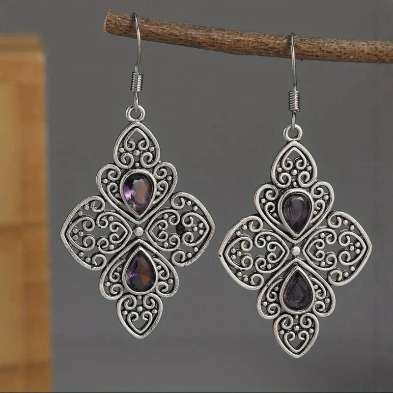 Metal Hollow Ancient Silver-plated Inlaid Purple Zircon Earrings