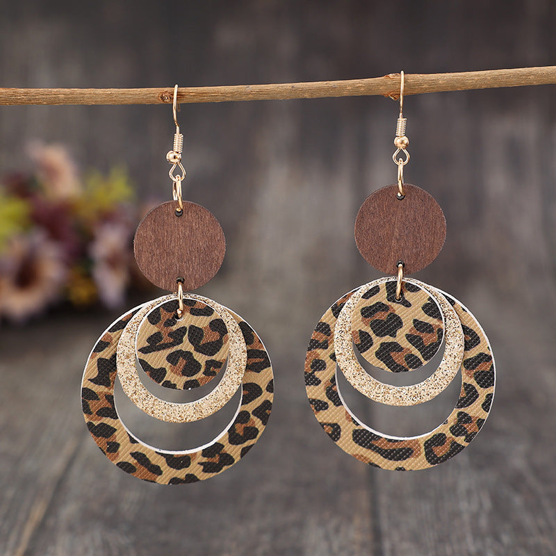 Three-layer Leopard Print Sequined Ring Leather Earrings