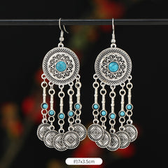 Retro Exotic Antique Silver Coin Tassel Earrings
