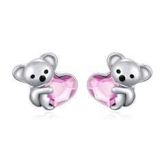 925 Sterling Silver Koala Bear Cute Animal Hypoallergenic Heart Crystal Earrings Jewellery