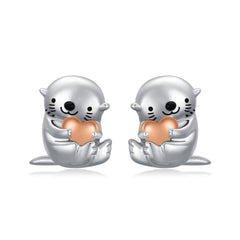 Sea Otter With Heart Earrings Sterling Silver Animal Stud Earrings Otter Earrings