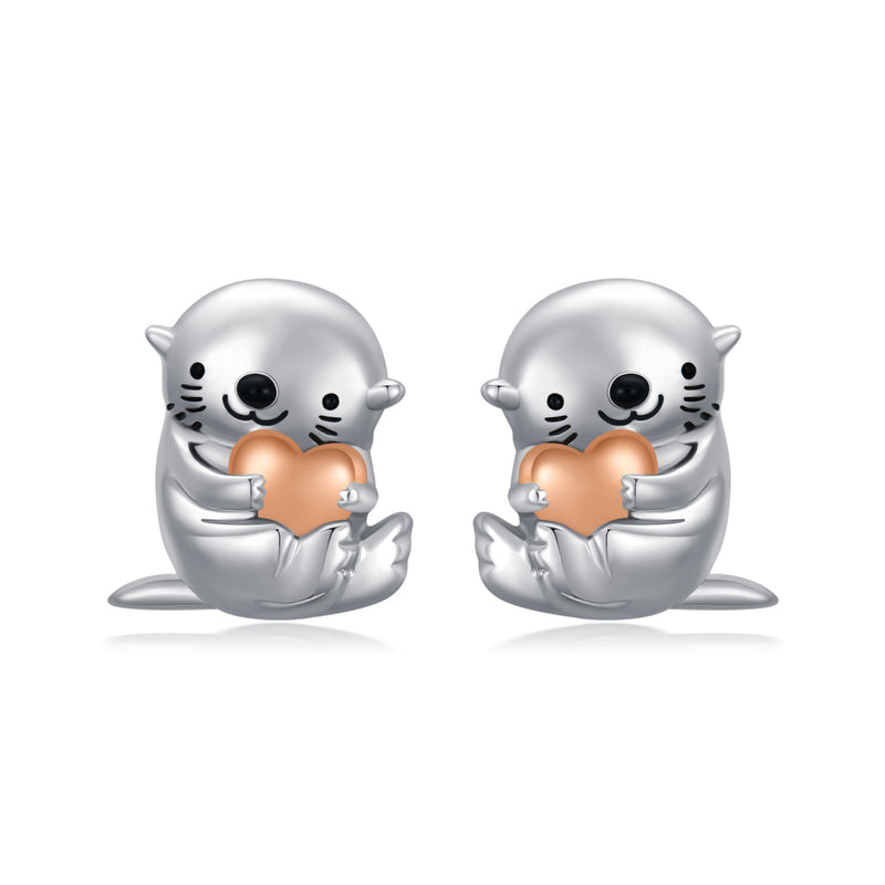 Sea Otter With Heart Earrings Sterling Silver Animal Stud Earrings Otter Earrings