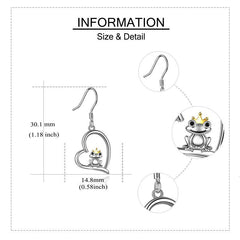 Sterling Silver Heart Crown Frog Dangle Drop Earrings for Women Mom