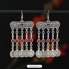 Retro Exotic Antique Silver Coin Tassel Earrings