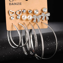 Pearl Bow Heart Hoop Earrings & Geometric Stud Set