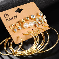 Pearl Bow Heart Hoop Earrings & Geometric Stud Set